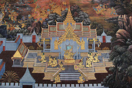Beautiful Mural Painting which is public domain or treasure of Buddhism is painted on the wall of Emerald Buddha Temple in Bangkok Thailand.の写真素材
