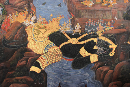 Beautiful Mural Painting which is public domain or treasure of Buddhism is painted on the wall of Emerald Buddha Temple in Bangkok Thailand.のeditorial素材