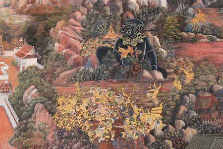 Beautiful Mural Painting which is public domain or treasure of Buddhism is painted on the wall of Emerald Buddha Temple in Bangkok Thailand.のeditorial素材