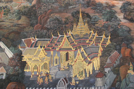 Beautiful Mural Painting which is public domain or treasure of Buddhism is painted on the wall of Emerald Buddha Temple in Bangkok Thailand.のeditorial素材