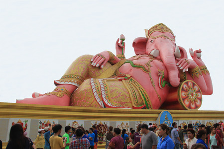 Chachoengsao, Thailand - May 4, 2015: Hugh Pink Genesha, the elephant-deity riding a mouse, one of the commonest mnemonics for anything associated with Hinduism, located at Wat Samanrattanaram Temple, Chachoengsao, Thailandのeditorial素材