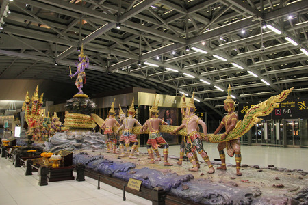 Bangkok, Thailand - May 12, 2015: Sculpture of Churning of the Ocean of Milk is the main decoration at Departure Area at Suvarnabhumi Airport, the main airport of Bangkok, Thailandのeditorial素材