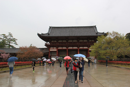 Nara, Japan - April 10, 2015: Todai-ji, a Buddhist temple complex in Nara, Japan, is a listed UNESCO World Heritage Site as one of the Historic Monuments of Ancient Nara.のeditorial素材