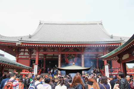 Tokyo, Japan - April 12, 2015: Sensoji or Asakusa Kannon Temple, a Buddhist temple located in Asakusa, is Tokyo's oldest temple and one of Tokyo's most colorful and popular temples.のeditorial素材