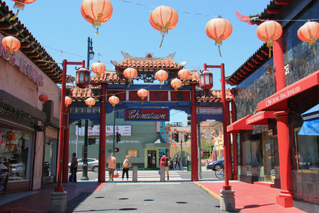 Los Angeles, California, USA - August 14, 2015: New Chinatown, blend of Chinese and American architecture, is a tourist's attraction in downtown Los Angeles.のeditorial素材