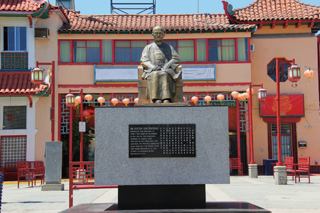 Los Angeles, California, USA - August 14, 2015: Statue of Dr. Sun Yat-Sen, one of the greatest figures in China's long history, at New Chinatown, blend of Chinese and American architecture - a tourist's attraction in downtown Los Angeles.のeditorial素材