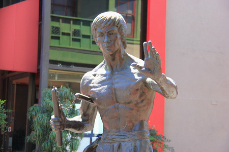 Los Angeles, California, USA - August 14, 2015: Bruce Lee Statue at New Chinatown, blend of Chinese and American architecture, is a tourist's attraction in downtown Los Angeles.のeditorial素材
