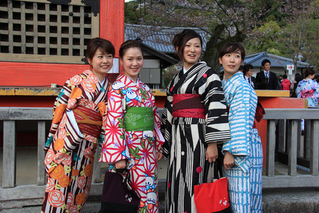 Kyoto, Japan - April 11, 2015: Unidentified Japanese women wear Kimono, beautiful Japanese traditional garment, at Kiyomizudera in Kyoto, Japan.のeditorial素材