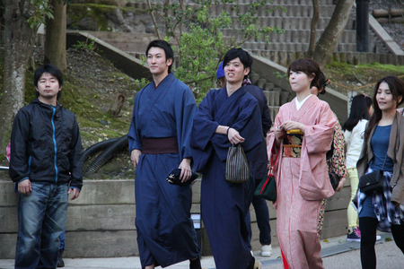 Kyoto, Japan - April 11, 2015: Unidentified Japanese people wear beautiful Japanese traditional garment, at Kiyomizudera in Kyoto, Japan.のeditorial素材
