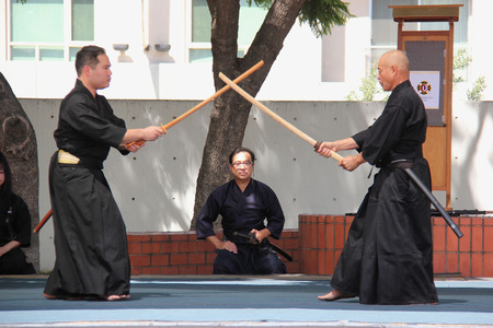Los Angeles, California, USA - August 16, 2015: Japaneses demonstrate Kendo, a modern Japanese martial art, during Nisei Week Japanese Festival at Little Tokyo in Downtown Los Angeles.のeditorial素材