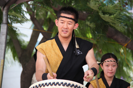 Los Angeles, California, USA - August 16, 2015: Japaneses are performing Japanese percussion instruments at Nisei Week Japanese Festival in Little Tokyo, Los Angeles.のeditorial素材