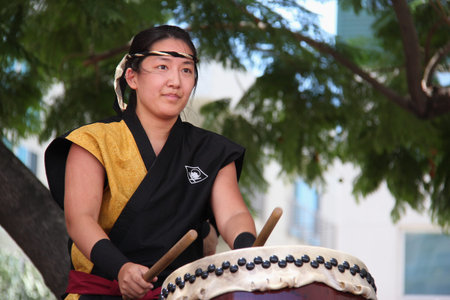 Los Angeles, California, USA - August 16, 2015: Japaneses are performing Japanese percussion...