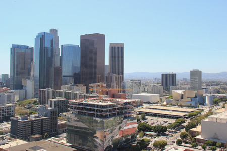 Los Angeles, California, USA - August 14, 2015: Downtown Los Angeles is composed of different areas from a fashion district to a skid row, and it is the hub of the city's Metro rapid transit system.のeditorial素材