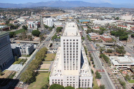 Los Angeles, California, USA - August 14, 2015: Scenery of the United States Court House, historic place serving as both a post office and a courthouse, and Downtown Los Angelesのeditorial素材