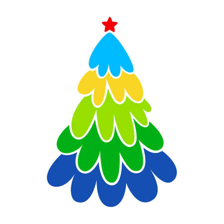 Funny Multicolored Xmas Fir Tree, Winter Holidays Minimalist Graphic. Green, blue, yellow vibrant spruce clip-art. Christmas and New Year Eve Celebration Vector Illustration. Use for greeting cards.のイラスト素材