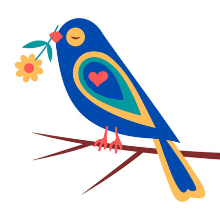 A Romantic Birdy with yellow spring flower in his beak. The hot heart is ready for committed and loving relationship. Happy Valentine's Day, amazing sweetheart. I can't imagine my life without you.のイラスト素材