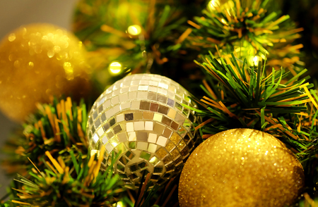 Mirror balls as Christmas ornament on treeの写真素材