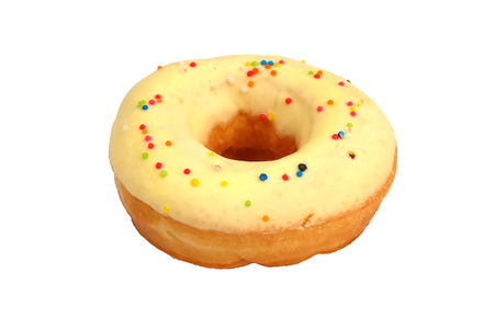 Isolated picture of doughnut with sweet cream topping and colorful sugar bead, popular dessert for kids and teenager that cause overweight problem lead to heart disease because of high dangerous fatの写真素材