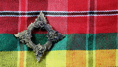 Buang Naka Bas on Thainorth eastern style background with space for write wording, Thai Naka loop amulet, metal amulet for praying and believe of luck, safety, wealthy and protecting dangerous evilの写真素材