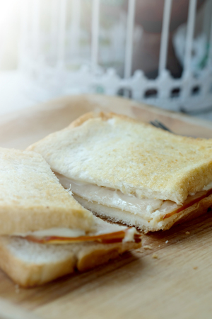 Ham cheese sandwich on wood tray and space for write wording, easy delicious food served with coffee or tea in coffee shop or office, suitable for new working life that need more time to workの写真素材