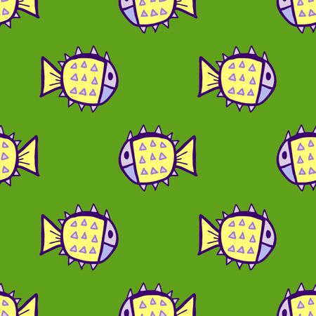 Seamless vector illustration of free hand drawing puffer fish tribal art style on natural green background, pattern for making printing paper work or textile artworkのイラスト素材