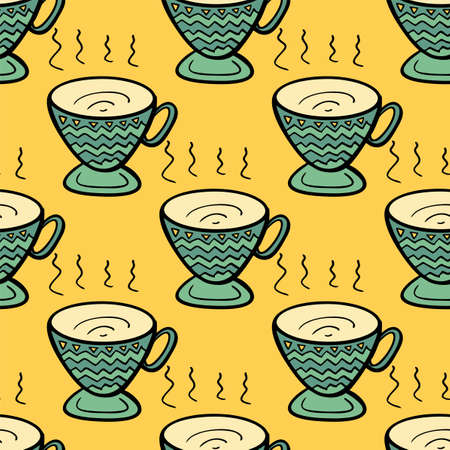 Seamless vector illustration of pastel tribal style Motif art coffee cups on yellow background for making many kinds of printing or textile graphic related Aboriginal, Maya, Inca, African trendy styleのイラスト素材
