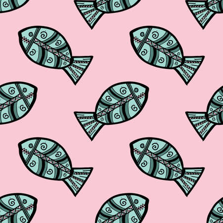 Seamless vector illustration of tribal style Motif art blue fish on pastel pink background for making many kinds of printing or textile graphic related Aboriginal, Maya, Inca, African trendy styleのイラスト素材