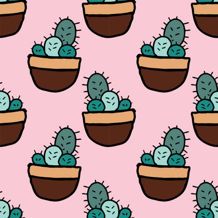 Seamless pattern motif doodle of free hand drawing sweet blue cactus on pastel pink background, easy beautiful pattern for making many kinds of graphic printing, textile and online mediaのイラスト素材