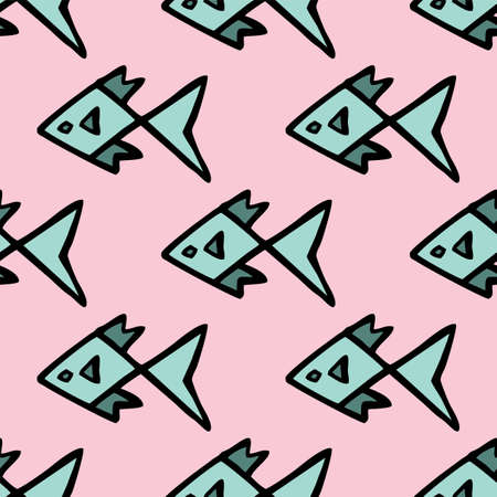 Seamless vector illustration of tribal style Motif art blue fish on pastel pink background for making many kinds of printing or textile graphic related Aboriginal, Maya, Inca, African trendy styleのイラスト素材