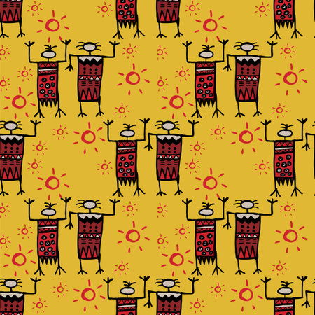 Seamless vector illustration of motif dancing tribal people doodle on pastel yellow tone background...