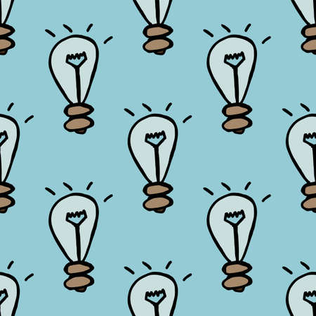 Seamless vector of coffee mug, clock and tungsten lamp represent coffee time for getting idea on pastel blue backgroundのイラスト素材