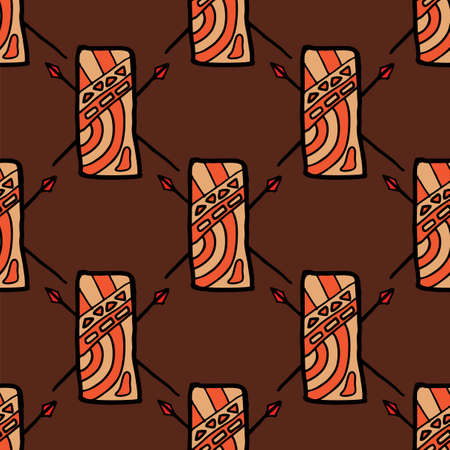 Seamless vector illustration of geometric tribal motif shield and spears on pastel brown backgroundのイラスト素材
