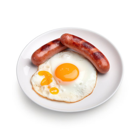 Plate with tasty fried eggs and sausages on white backgroundの素材
