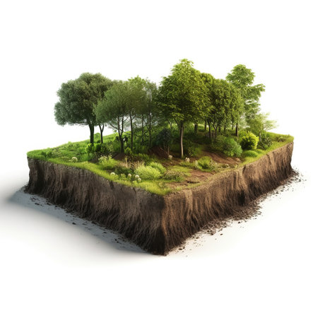 3D illustration of a small island with trees and grass isolated on white backgroundの素材