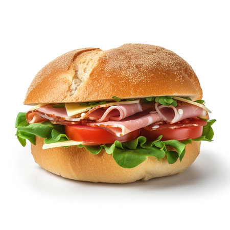 Sandwich with ham, cheese, tomato and lettuce isolated on white backgroundの素材