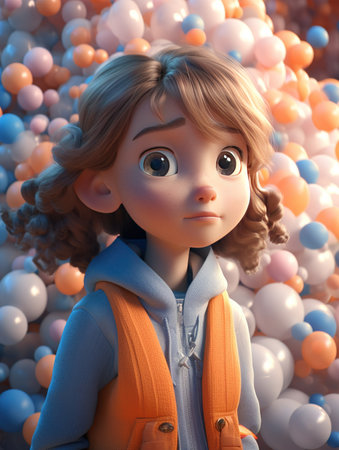 3d illustration of a cute little girl with colorful balloons in the backgroundの素材