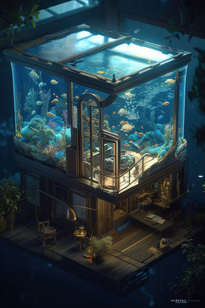 3D rendering of an aquarium with corals and fish inside.の素材