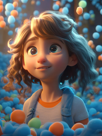 3D Illustration of a Little Girl Surrounded by Colorful Ballsの素材