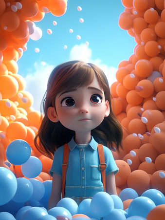 3d rendering of a cute little girl with balloons and sky backgroundの素材