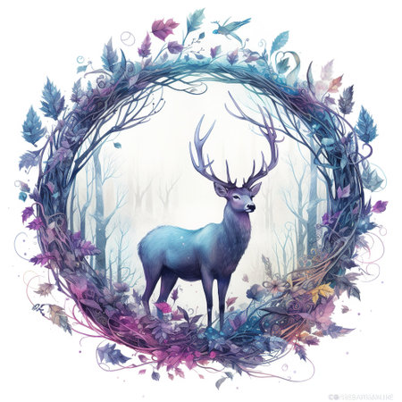 Watercolor illustration of a deer in a forest with a wreath of leaves.の素材