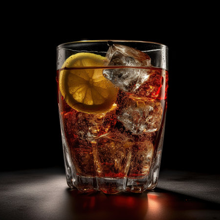 Cocktail with ice cubes and lemon on a black background.の素材