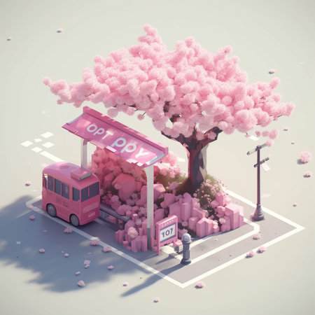 Bus stop with cherry blossom in the city. 3D renderingの素材