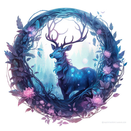 Beautiful vector illustration with a deer in a wreath of flowers.の素材