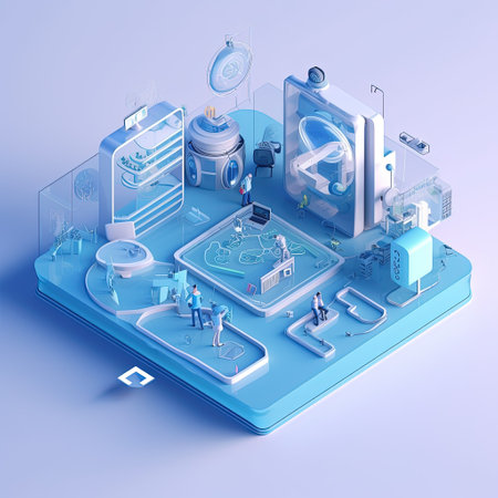3d isometric vector illustration of business people and gadgets on a blue backgroundの素材