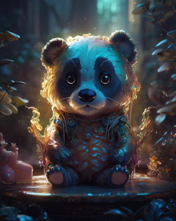 Panda figurine in the dark forest. 3d rendering.の素材