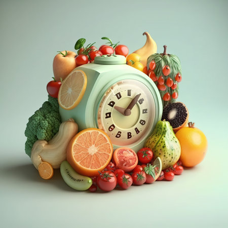 Alarm clock surrounded by fresh fruits and vegetables, 3d renderの素材