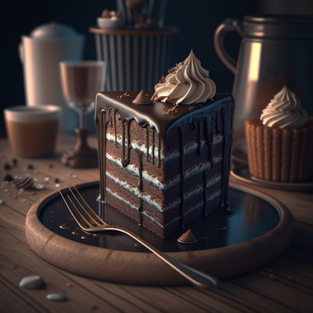 Chocolate cake with whipped cream on a wooden background. 3d renderingの素材