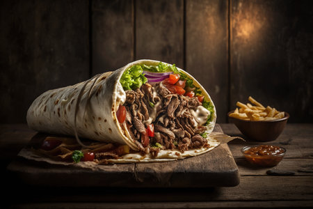Traditional mexican burrito with beef and vegetables on wooden backgroundの素材
