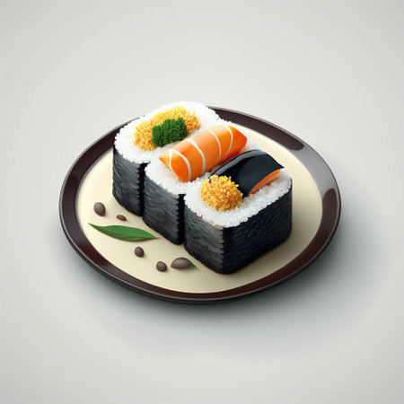 Sushi on a plate on a gray background. 3d illustrationの素材