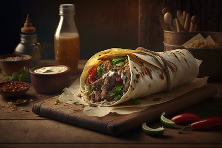 Traditional mexican burrito with beef and vegetables on wooden backgroundの素材